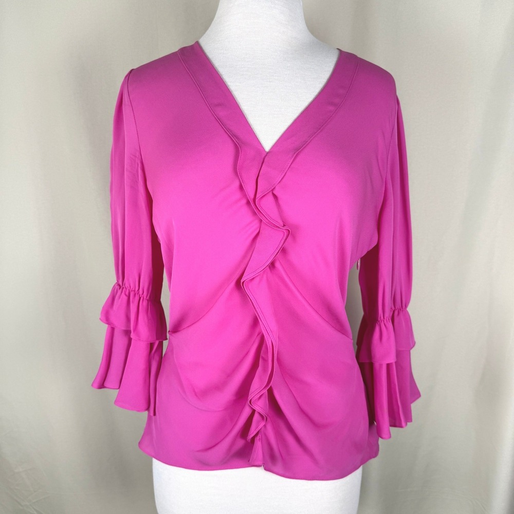 Kobi Halperin Hot Pink Silk Ruffle Blouse Size M Barbiecore Coquette